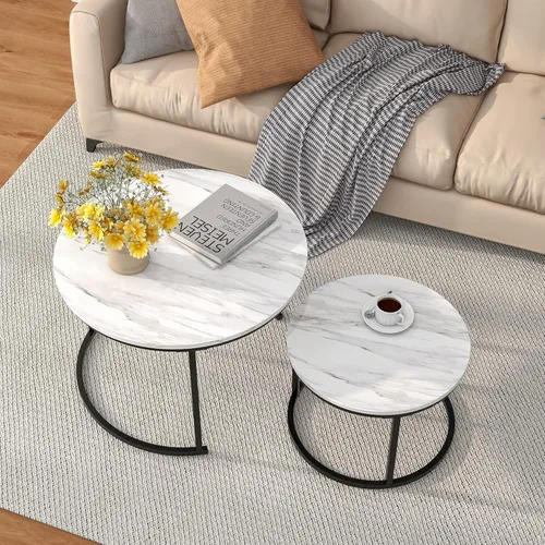 Miniatura 3 de HOJINLINERO Juego de 2 mesas de café redondas anidables, mesas auxiliares para sala de estar, mesa de café circular y de mármol con estructura