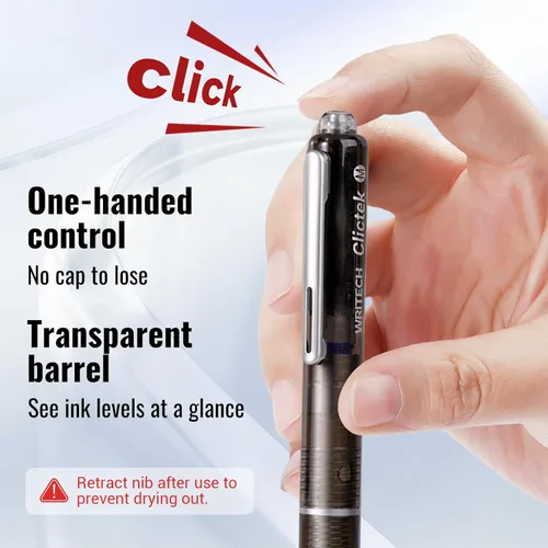 Miniatura 3 de WRITECH Clictek Pluma Estilográfica Retráctil: Plumín Medio Tinta Azul Barril Transparente Incluye 5 Cartuchos de Tinta Recargables, Escritura Suave