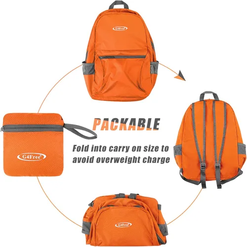 Miniatura 4 de G4Free Mochila ligera plegable de 20L, mochila de senderismo para viajes, mochila de día plegable para hombres y mujeres Naranja