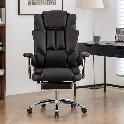 Silla de oficina de piel sintética totalmente reclinable y cómoda silla de oficina grande y alta, 500 libras con reposapiés, ruedas y brazos Negro