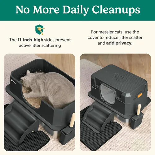 Miniatura 6 de Caja de arena para gatos de acero inoxidable con tapa, diseño XL 3 en 1 para gatos de interior, caja de arena de acero inoxidable, máxima privacidad