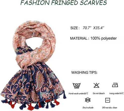 Miniatura 3 de Yeieeo Bufanda bohemia para mujer, ligera, con estampado floral, para otoño e invierno, chal con flecos