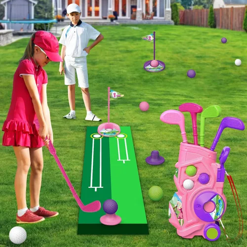 Miniatura 8 de Letapapa Juego de golf para niños pequeños con tapete de puting, 4 palos, 8 bolas, 2 agujeros de práctica para niños de 3 a 5 años, juguetes Rosa