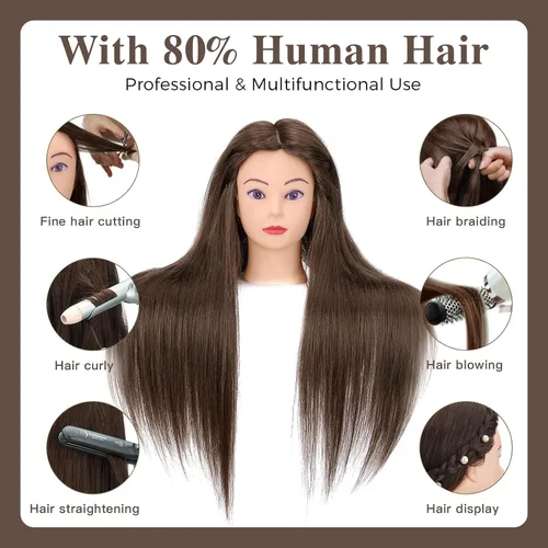 Miniatura 7 de Cabeza de maniquí de 28 pulgadas con 80 % cabello humano real, cabeza de muñeca para peinado, trenzado, rizado, cabeza de maniquí de cosmetología