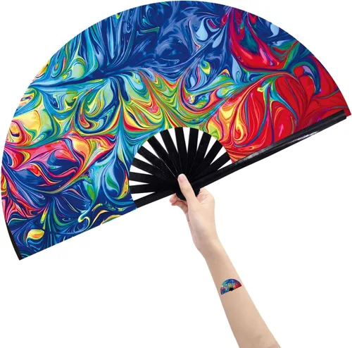 Miniatura 29 de Abanico grande plegable de mano para baile de línea, abanico de clic para botas en el suelo, para baile, fiesta, decoración, festival (Alien)
