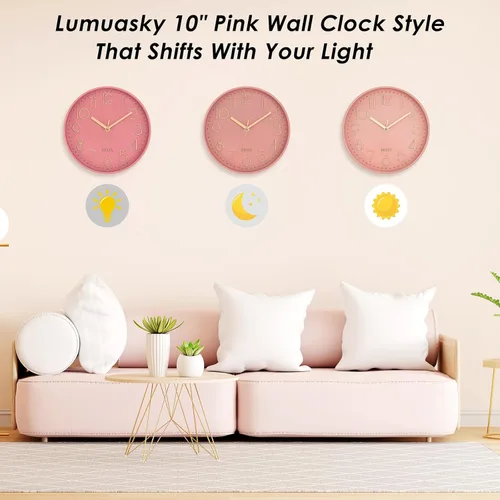 Miniatura 3 de Lumuasky Reloj de pared rosa, moderno, funciona con pilas, analógico, pequeño, lindo, silencioso, sin tictac, reloj decorativo para escuela