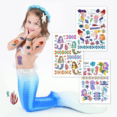 Miniatura 3 de Más de 250 tatuajes temporales para niños, 15 hojas de diseños mixtos de purpurina, tatuajes falsos impermeables para niños, temática de sirena