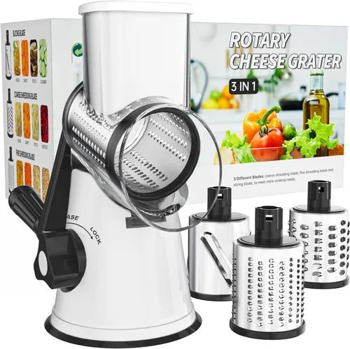 Miniatura 18 de Cambom Kitchen - Rallador de queso giratorio para queso, manual de cocina con mango, cortador de verduras, nueces, 3 cuchillas de tambor
