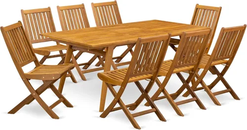 East West Furniture DEDK9CWNA - Juego de comedor de 9 piezas para patio al aire libre, incluye una mesa rectangular de madera de acacia y 8 sillas