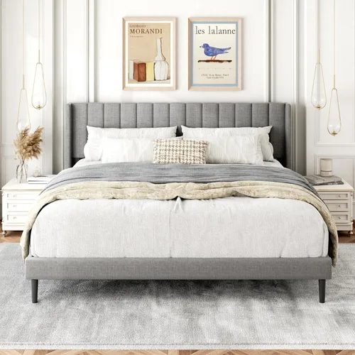 Miniatura 21 de Gruwans Estructuras de Cama Individual con Cabecera Wingback, Camas de Plataforma Tapizadas, No Necesita Somier, Soporte Resistente de Listones