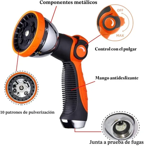 Miniatura 2 de Boquilla rociadora de manguera de jardín, 10 patrones de riego de metal para manguera de control de pulgar en válvula de apagado, rociador de Naranja