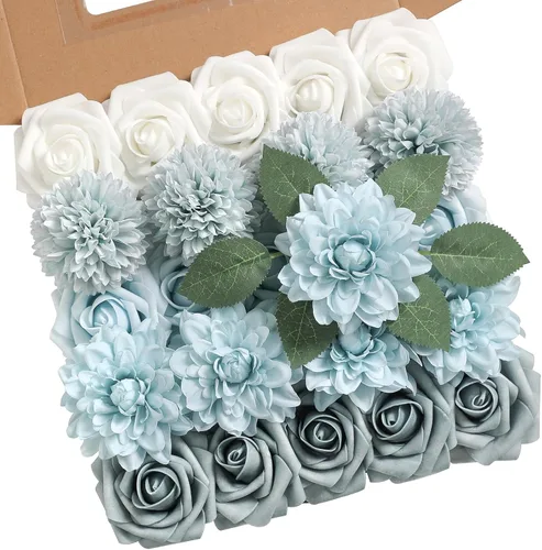 Miniatura 8 de rongflower Flores artificiales de aspecto real, color rosa polvoriento, rosas falsas de espuma con tallos, 25 piezas para bricolaje, bodas, Rosa