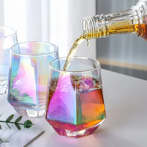 Miniatura 5 de Juego de 4 copas de vino sin tallo, modernas copas de vino de diamante arcoíris, sin plomo, juego de copas de vino iridiscentes de cristal prémium