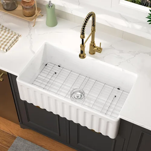 Miniatura 19 de Fregadero de 33 unidades de arcilla refractaria de 33 x 20 x 10 pulgadas, color blanco, fregadero de cocina de porcelana de cerámica, estilo casa
