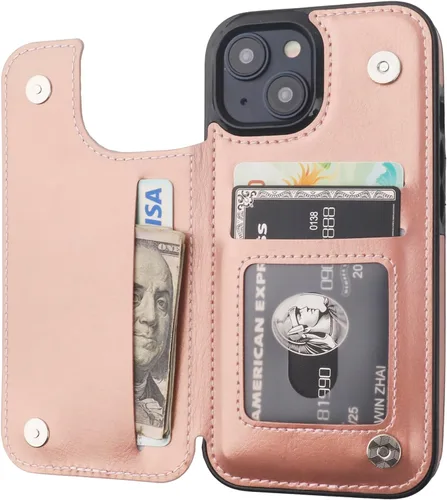 ONETOP - Funda tipo cartera compatible con iPhone 15 con soporte para tarjetas, funda de piel sintética con ranuras para tarjetas, doble cierre Oro