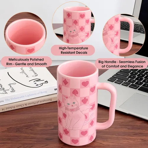 Miniatura 3 de Taza de Café Rosa de Movlen 14oz Tazas de Gato Altas con Mango Grande, Lindas Tazas de Porcelana Divertidas para Té, Café con Leche, Chocolate