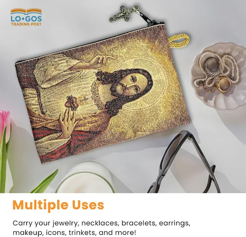 Miniatura 7 de Bolsa de rosario católico, Sagrado Corazón de Jesús y Corazón Inmaculado de María, 4 x 6 pulgadas, joyería y monedero con cruz, pequeña bolsa tejida