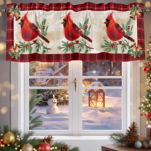 Miniatura 23 de Cenefas de gnomo de invierno para cocina, cafetería, cenefa de ventana de pino nevado de Navidad, cortinas cortas de copo de nieve azul, 60 x 18