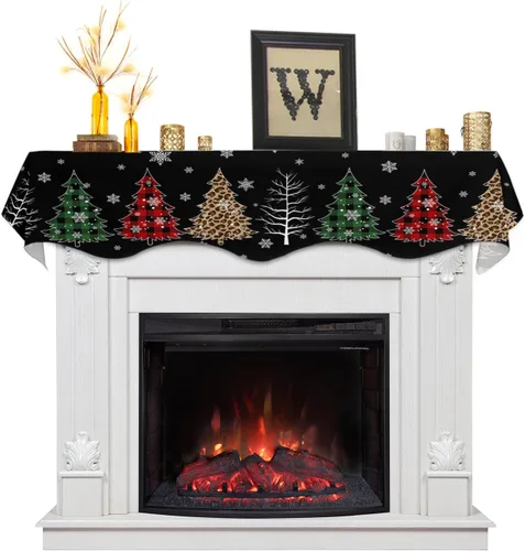 Bufanda de manto de 90 x 17 pulgadas, diseño de rejilla de búfalo negro de Navidad, árbol de Navidad, chimenea, mantel, cubierta de mantel para