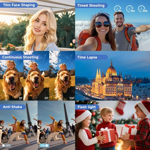 Miniatura 5 de Cámara digital 4K 64MP con pantalla abatible de 3 pulgadas de 180°, cámara fotográfica de enfoque automático para YouTube, cámara de viaje compacta