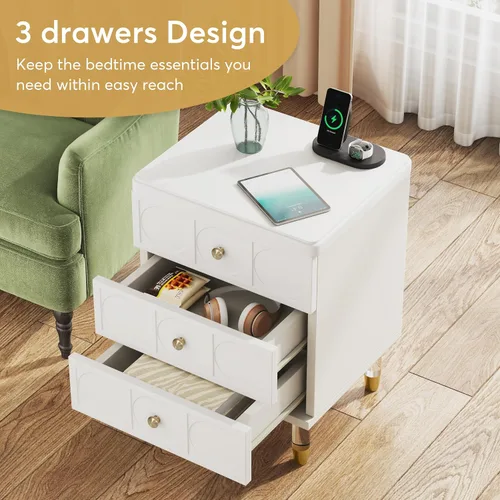 Miniatura 6 de Tribesigns Mesita de noche de 3 cajones blanca y dorada con cajones, versátil y moderna mesita de noche blanca con almacenamiento para dormitorio