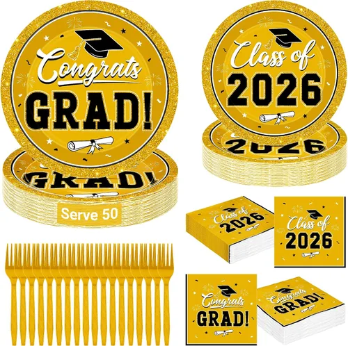 Miniatura 10 de QZYL 200 suministros para fiesta de graduación 2026, platos y servilletas de graduación negros y dorados, platos de postre desechables y tenedores