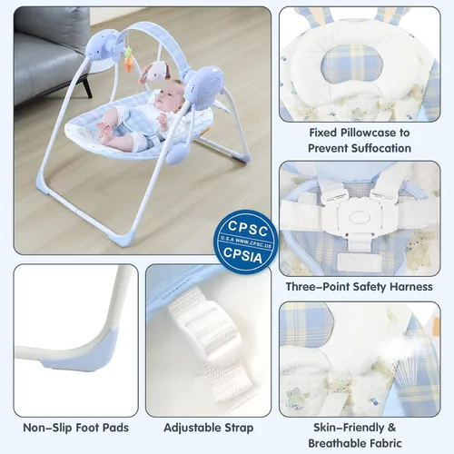 Miniatura 2 de Columpio de bebé portátil para bebés, compacto y plegable con columpio de 5 velocidades, música, temporizador, asiento acolchado, funciona