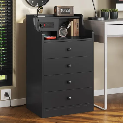 Miniatura 2 de ADORNEVE Mesita de noche grande con estación de carga, mesita de noche negra para dormitorio, mesa auxiliar alta con aparador y 4 cajones, mesa