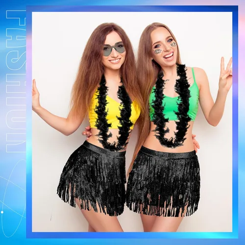 Miniatura 5 de Toulite Juego de 5 faldas de lentejuelas con flecos para mujer, bufanda de danza del vientre, pantalones cortos metálicos para baile, plumas rave