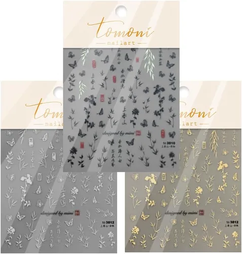 Miniatura 6 de 3 hojas de calcomanías de arte de uñas de hojas de bambú de sauce estilo chino 5D, calcomanías autoadhesivas doradas y plateadas para mujeres