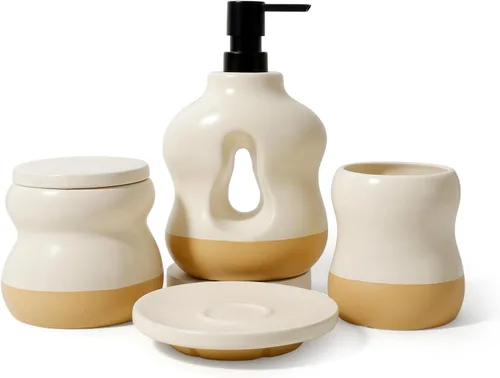 Miniatura 10 de BosilunLife Juego de 4 accesorios de baño de cerámica, dispensador de jabón hueco ondulado y artículos esenciales de tocador, beige de dos tonos