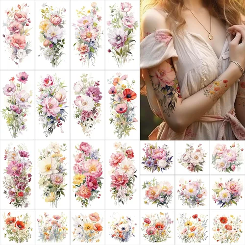 Everjoy Kit de hojas de tatuaje temporal de flores, 12 calcomanías de tatuaje floral de acuarela grandes, 13 diseños de tatuajes de flores falsas