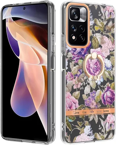 Miniatura 7 de ONV Funda de silicona para Redmi Note 11 Pro 5G – Funda con anillo de metal con purpurina de lujo con flor pintada con flores, funda delgada