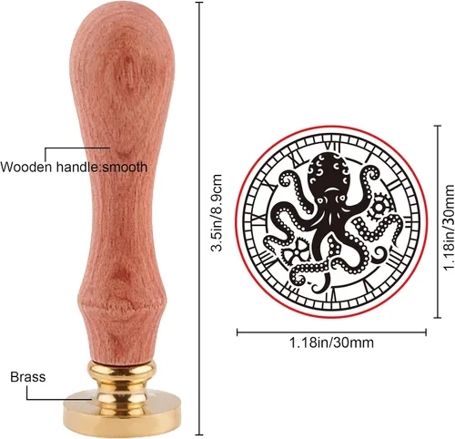 Miniatura 2 de SUPERDANT Sello de cera de pulpo de 1.18 pulgadas, reloj con número romano, sello de sellado de letras vintage, cabeza de latón, mango de madera