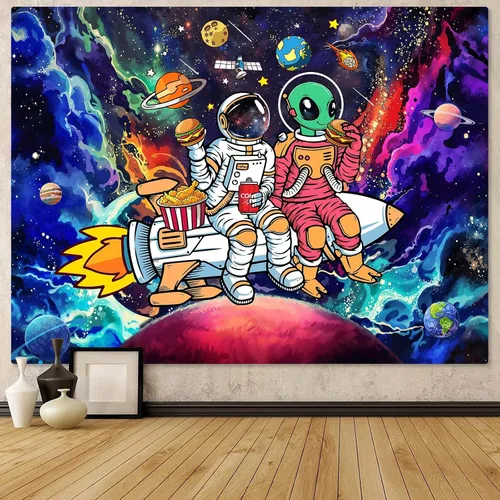 Miniatura 10 de Accnicc Tapiz espacial de astronauta con luz negra para dormitorio, estético, reactivo a los rayos UV, neón espacial, medusa, galaxia, tapices