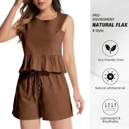 Miniatura 2 de FIHCH Conjunto de 2 piezas de lino para mujer, conjunto casual de 2 piezas, camiseta sin mangas, pantalones cortos con cordón, bolsillos, conjunto