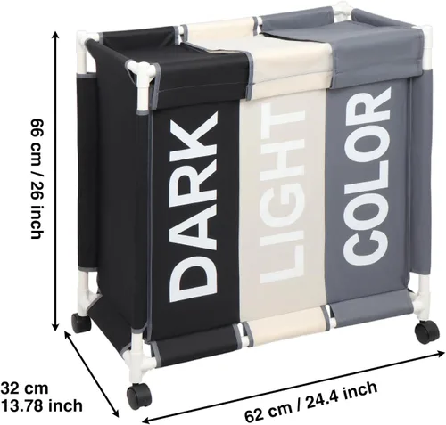 Miniatura 2 de Cesta clasificadora de ropa sucia de 3 secciones con ruedas rodantes, carrito organizador de lavandería para baño, dormitorio, guardería