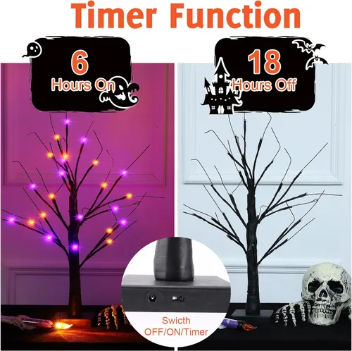Miniatura 3 de Efunly Paquete de 2 árboles espeluznantes negros de Halloween de 24 pulgadas con luces naranjas y moradas, USB y árbol negro de mesa