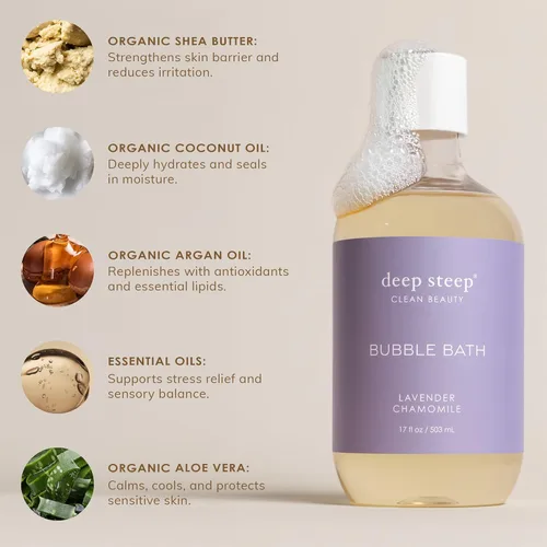 Miniatura 7 de Deep Steep baño de burbujas, lavanda y manzanilla 17 oz – Reducción de alergias clínicamente probada, baño relajante con manteca de karité y aceite