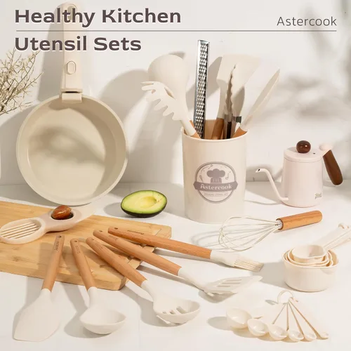 Miniatura 3 de Astercook Juego de utensilios de cocina, 39 piezas de utensilios de cocina de silicona con mango de madera, juegos de utensilios de cocina Crema