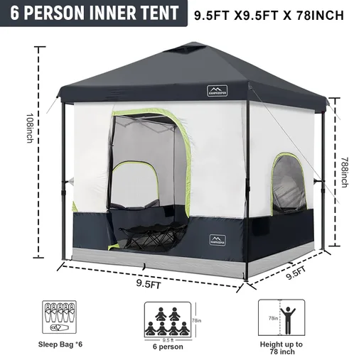 Miniatura 3 de KAMPKEEPER Tienda de campaña para 6 personas, tienda de campaña desplegable de 10 x 10 pies con tienda interior de campamento, convierte el toldo