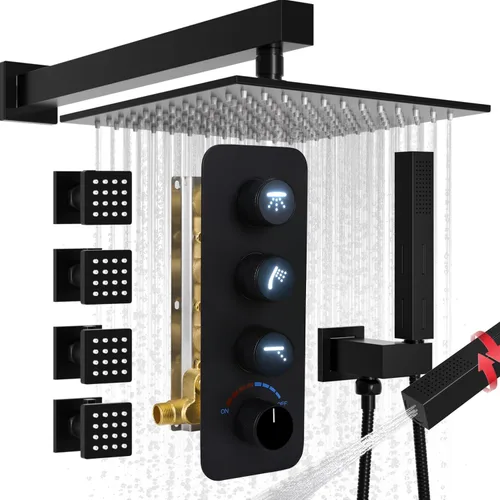 Miniatura 32 de Enga Sistema de cabezal de ducha doble, cabezal de ducha LED de lluvia de 14 x 20 pulgadas con cabezal de pared de 6 pulgadas, juego de grifo de Oro