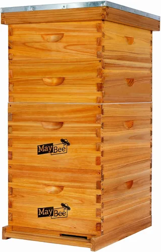 MayBee Colmena Langstroth de 10 marcos sumergida en cera de abejas 100%, kit de iniciación completo de colmenas y suministros para abejas incluye 2