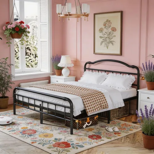 Miniatura 5 de Breezehome Marco de cama de tamaño matrimonial de 18 pulgadas con cabecero y estribo vintage, plataforma de metal resistente, no necesita somier