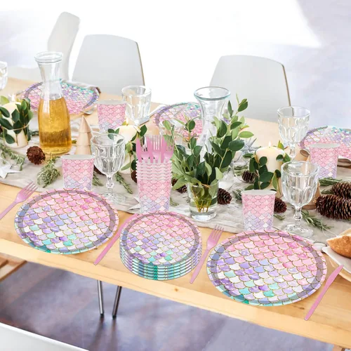 Miniatura 4 de Juego de vajilla para fiesta de sirena, 144 piezas, suministros de fiesta de cumpleaños de sirena, platos de sirena, servilletas, tazas, tenedores