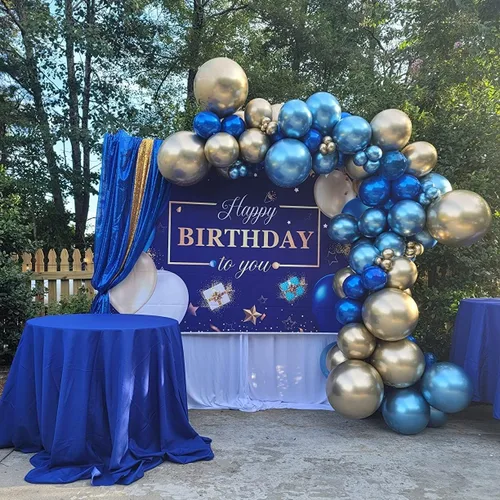 Miniatura 4 de Telón de fondo de feliz cumpleaños para hombres, azul marino, dorado, regalo de cumpleaños, bandera de estrella, globo, fondo de globo, para niños