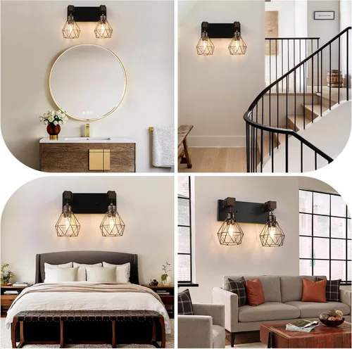 Miniatura 6 de Lámpara de tocador estilo casa de campo para baño, luminarias de tocador de baño de 2 luces negra dorada de madera sobre espejo, apliques rústicos