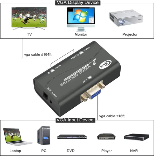 Miniatura 3 de 450MHz Ancho de banda 2 puertos VGA Splitter Amplificador Caja 1 PC a 2 Monitores SVGA Divisor de Video Soporte 2048 x 1536 Resolución hasta 164ft