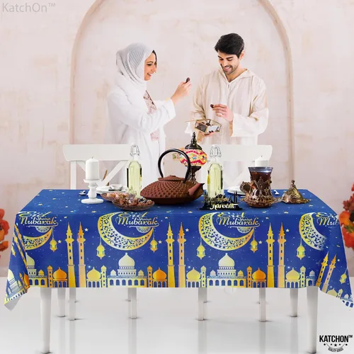 Miniatura 6 de KatchOn, Blue Eid Mubarak Mantel de 108 x 54 pulgadas, paquete de 3 manteles de Eid Mubarak para decoraciones de Eid para el hogar Decoraciones