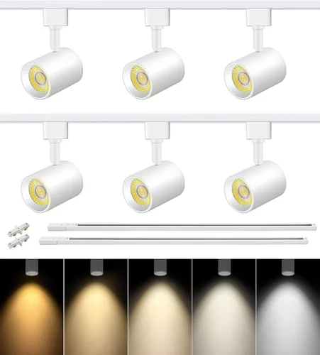 VANoopee Kit de iluminación LED de 5 colores y 6 luces con riel de iluminación de pista tipo H de 6.6 pies, cabezales de luz LED regulables, Blanco